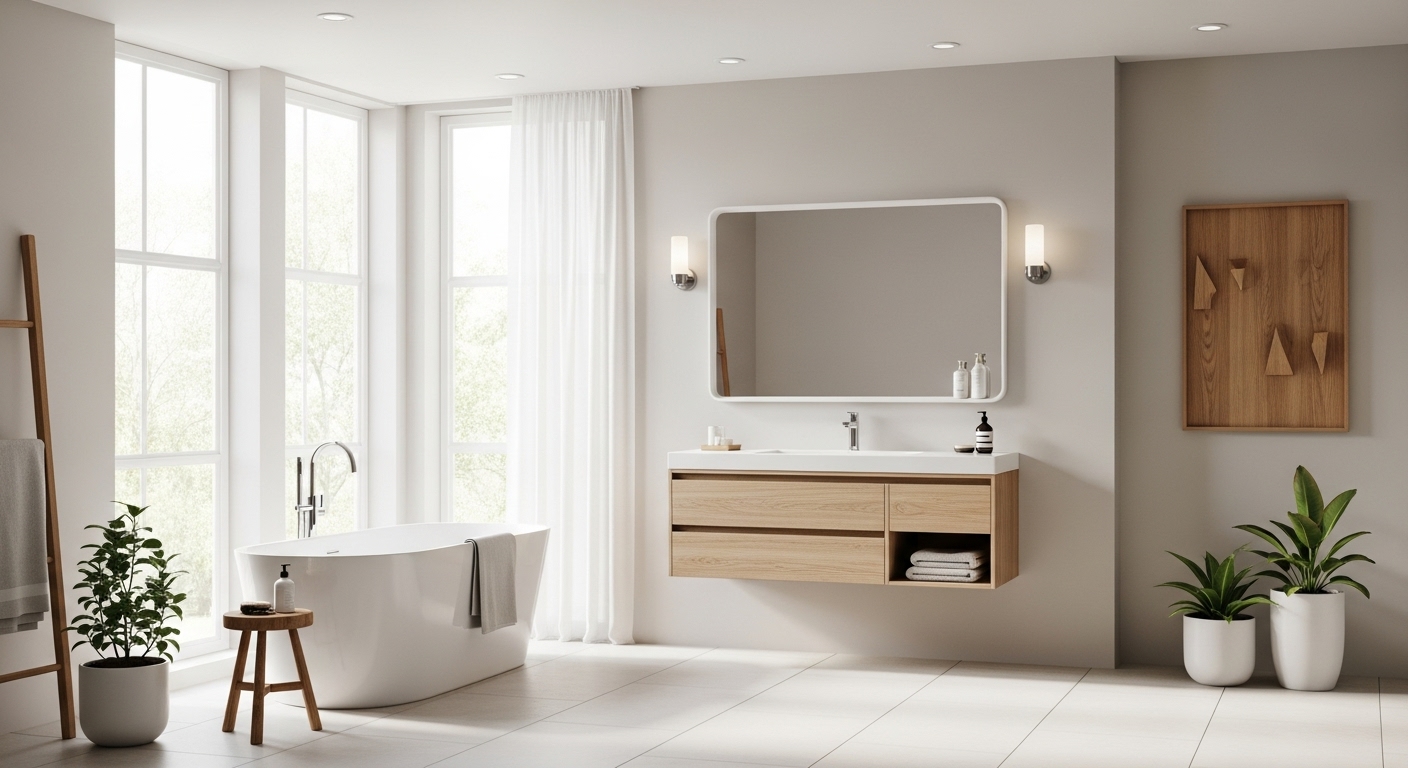 A modern, minimalist bathroom with sleek fixtures, contemporary lighting, and a serene atmosphere created through fresh paint and elegant details