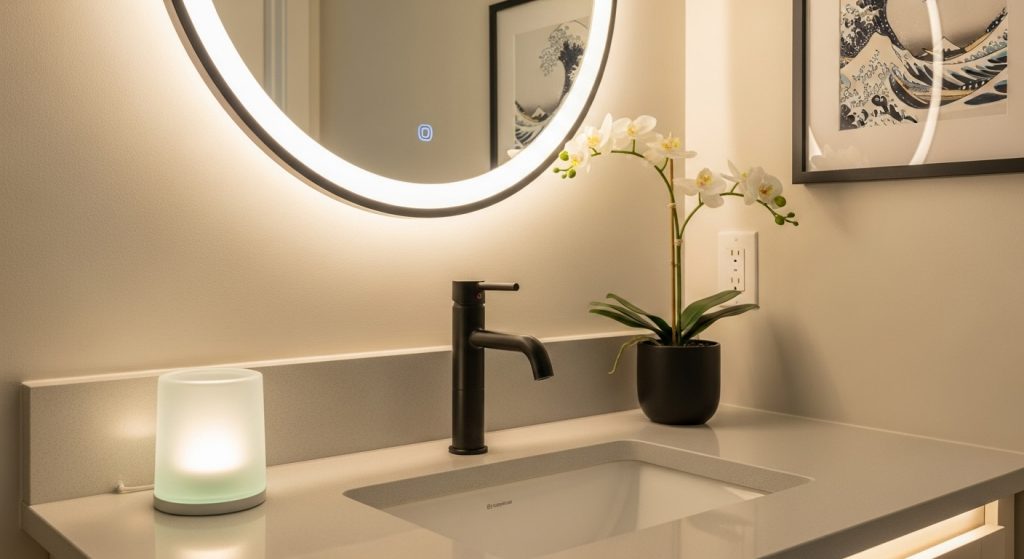 Close-up of a stylish bathroom vanity with sleek matte black faucets and polished countertops, demonstrating a modern upgrade.