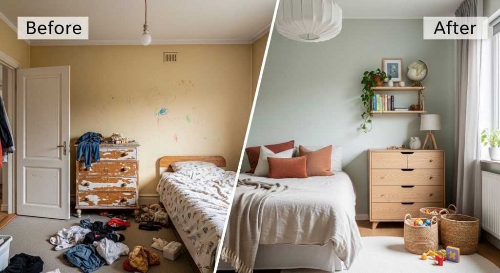 Before-and-after kids’ bedroom makeover showing a messy, outdated space transformed into an aesthetic, cozy room with soft colors and organized décor.