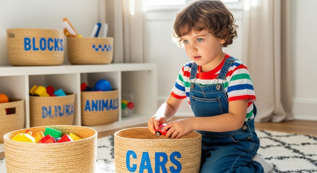 A child putting toys into labeled storage baskets on a low shelf