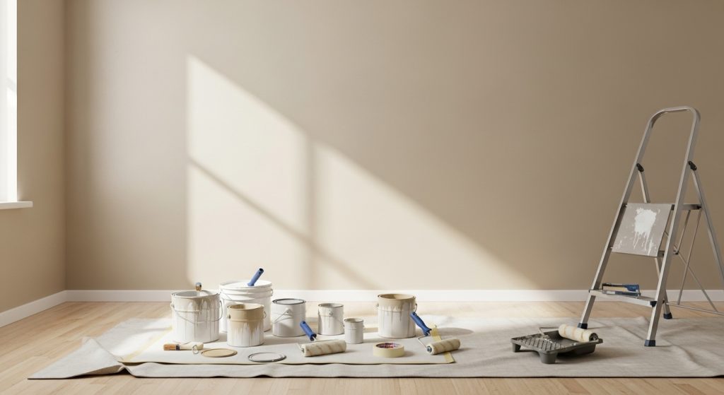 Warm neutral living room wall freshly painted.
