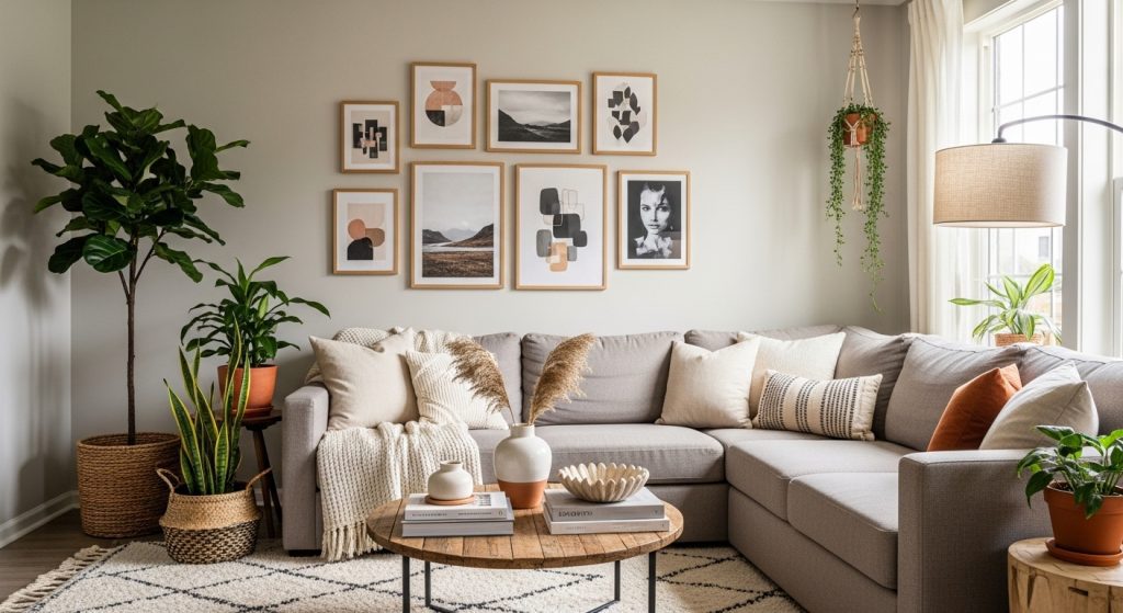 Plants and artwork decorating a modern living room.