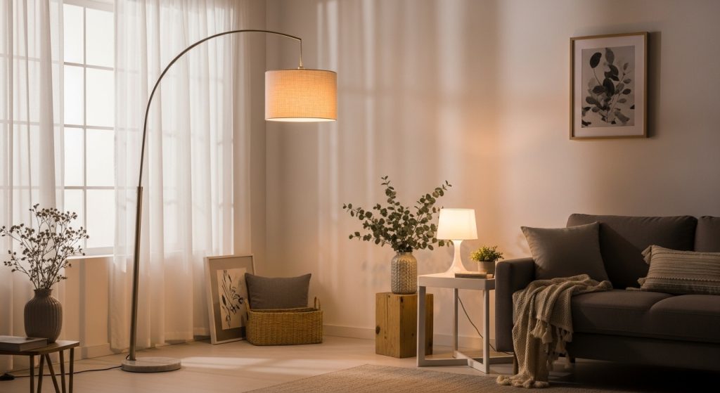 Neutral sofa styled with pillows, throw, and plants showing balanced living room décor.