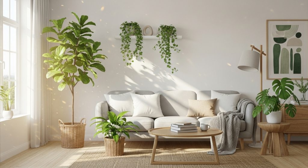 Modern living room with plants placed near a sofa for fresh natural décor.