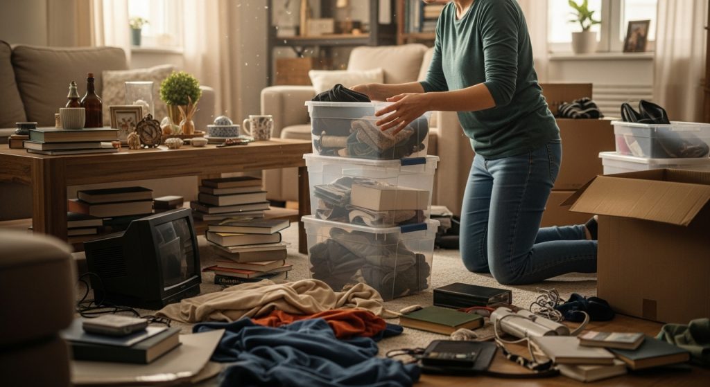 Decluttering a living room with bins and boxes.