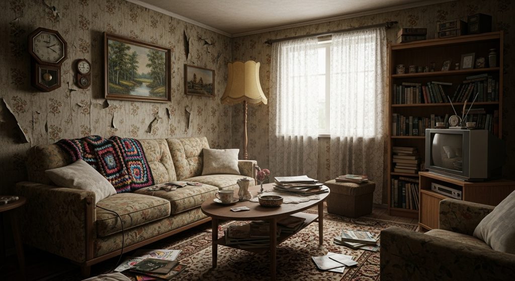 Outdated living room before transformation.