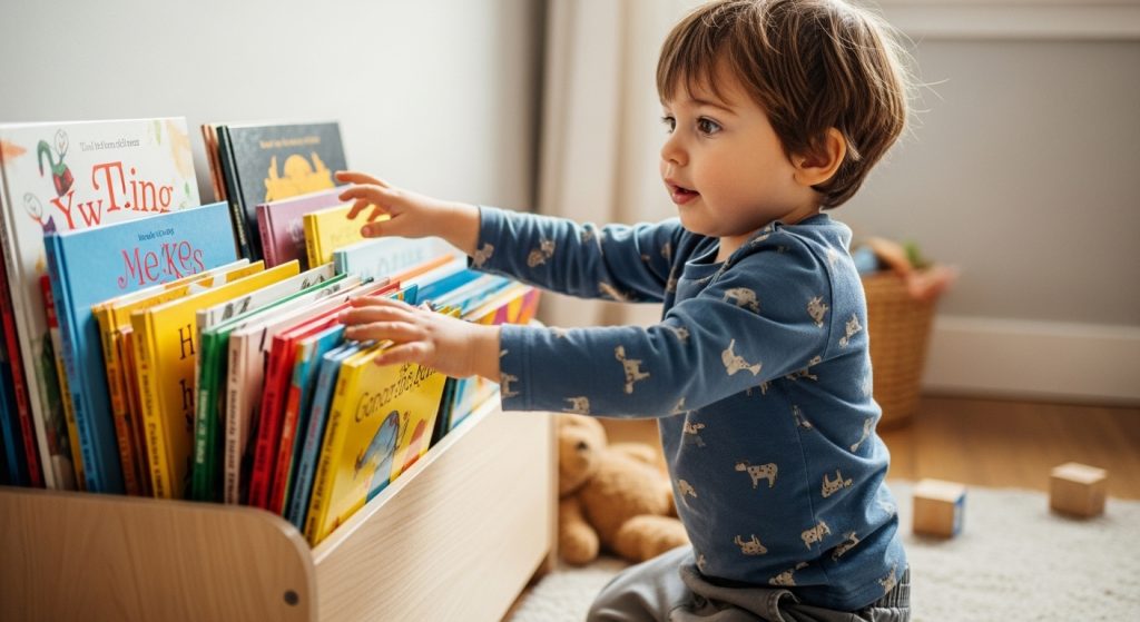 A kids’ room featuring a height-adjustable study desk and neatly organized shelves.