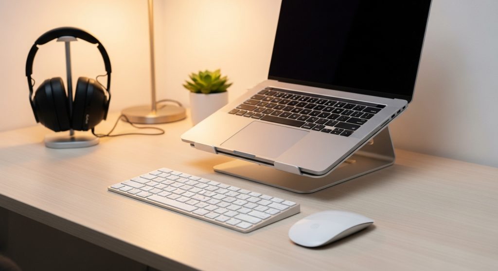 A clean desk setup with a laptop on a stand, a wireless mouse and keyboard, and noise-canceling headphones, featuring modern yet affordable tech.