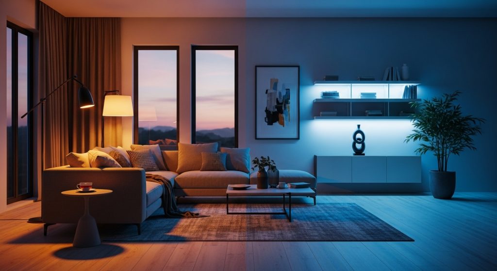 Living room comparison showing how warm and cool lighting affects sofa color choices.