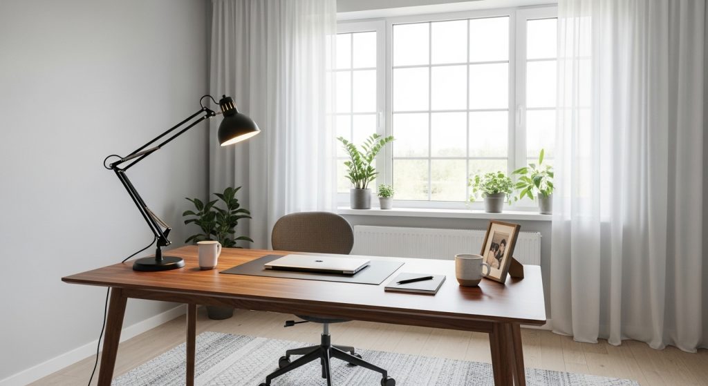 A bright home office with natural light, a stylish desk lamp, soft ambient lighting, and a window with curtains letting in daylight.