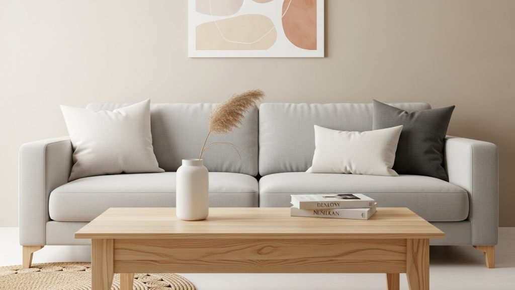 minimalist sofa with wooden table.