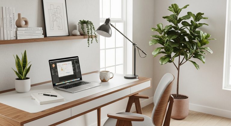 A cozy, modern home office with minimalistic furniture, plants, and a desk featuring a laptop, notebook, and decor.