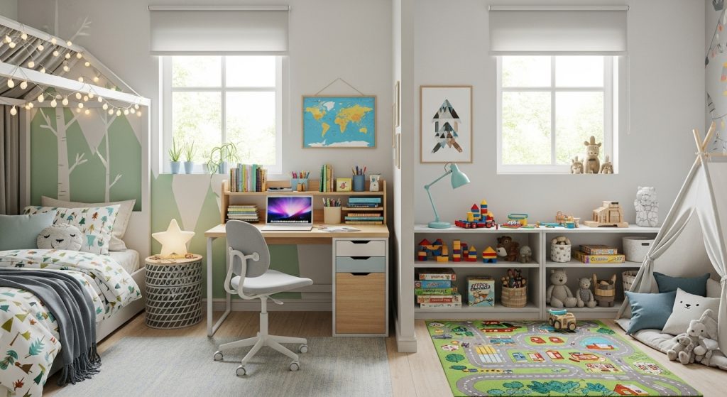 A kids’ room layout showing dedicated zones for sleeping, studying, and playing.