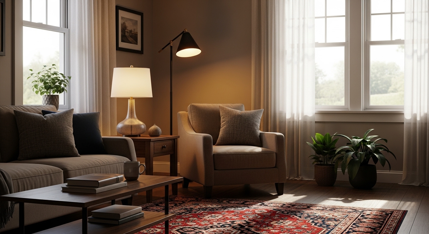 Living room showing layered warm lighting elements.