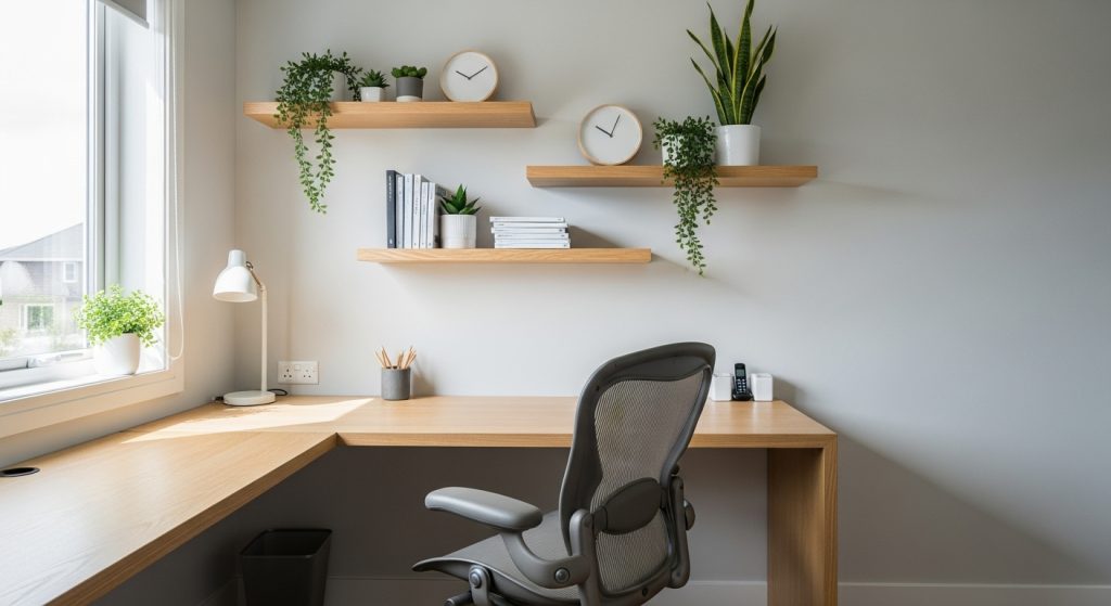 A cozy home office with a minimalist wooden desk, ergonomic chair, and floating shelves for storage, featuring clean lines and a neutral color palette.