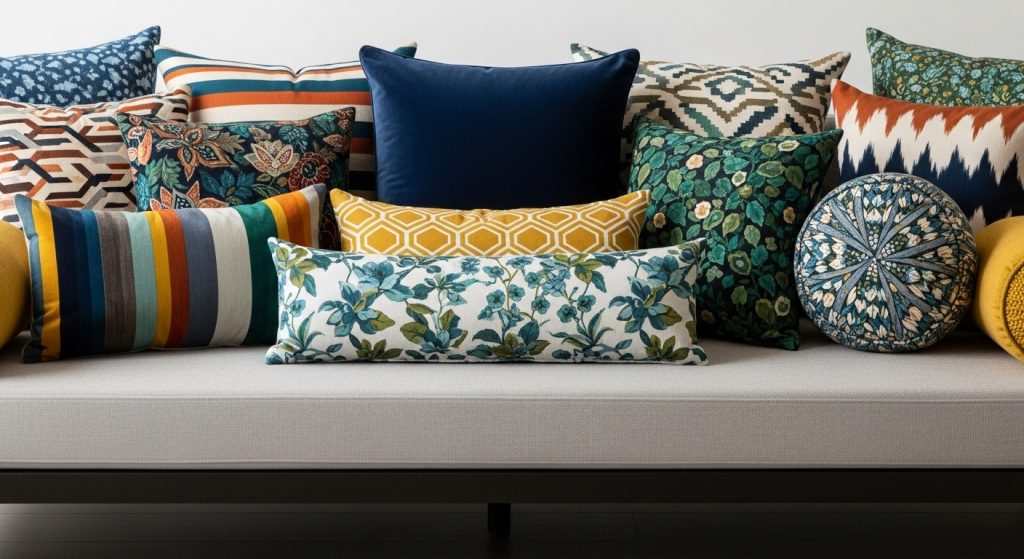 Decorative pillow arrangement in different sizes and patterns on a modern sofa.