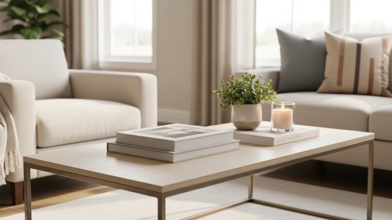Minimalist modern living room featuring a simple coffee table styled with books, a small plant, and a candle.