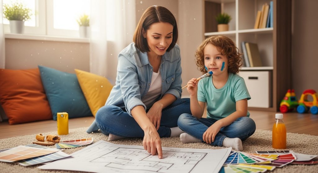 A parent and child sitting on the floor choosing paint colors and sketching a room layout together