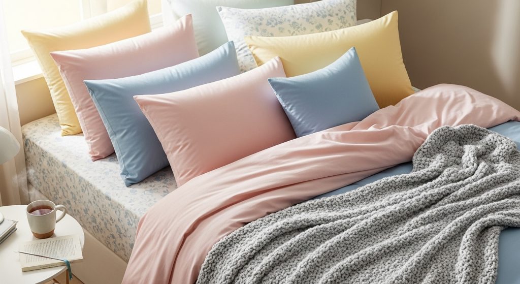 A cozy kids’ bed styled with layered pillows, pastel bedding, and a soft throw blanket.