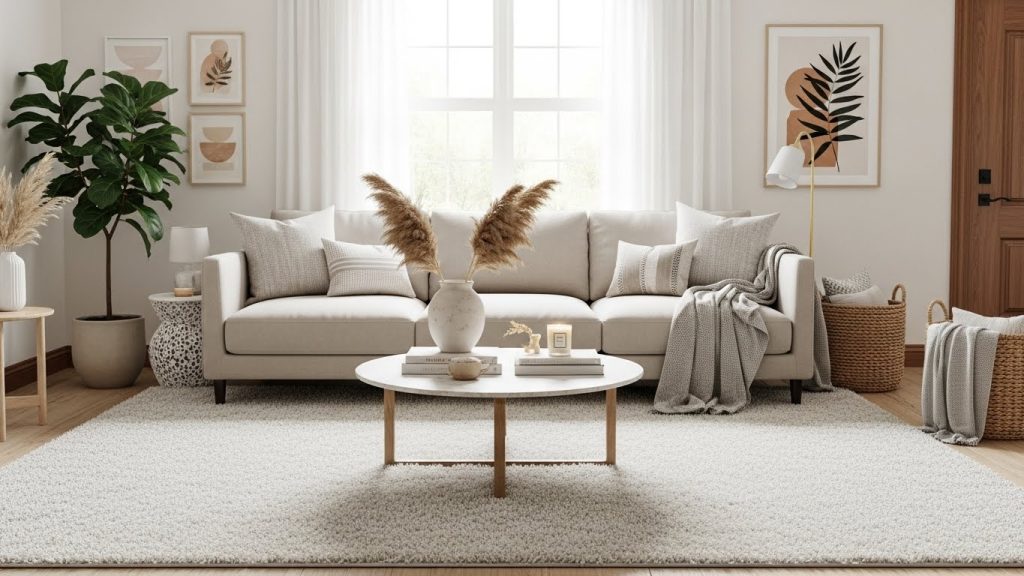 neutral rug in living room.