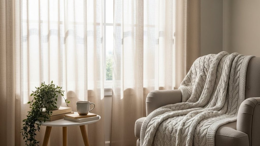 linen curtains in minimalist living room.