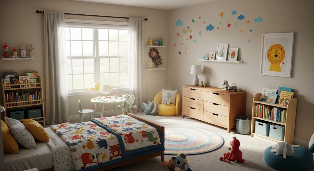 A fully decorated kids’ room showcasing aesthetic furniture, warm lighting, and a tidy, inviting layout.