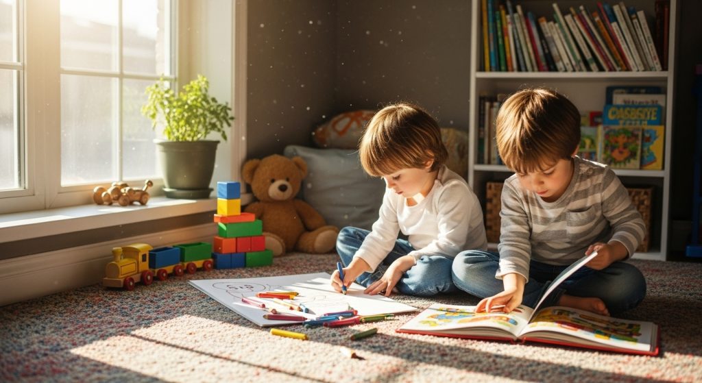 A young child drawing or reading in a sunny room surrounded by age-appropriate décor items.