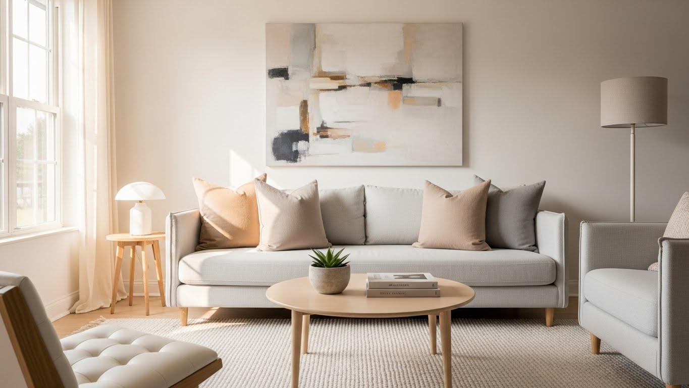 minimalist living room with soft natural light.