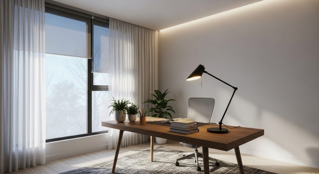 A bright home office with natural light, a stylish desk lamp, soft ambient lighting, and a window with curtains letting in daylight.