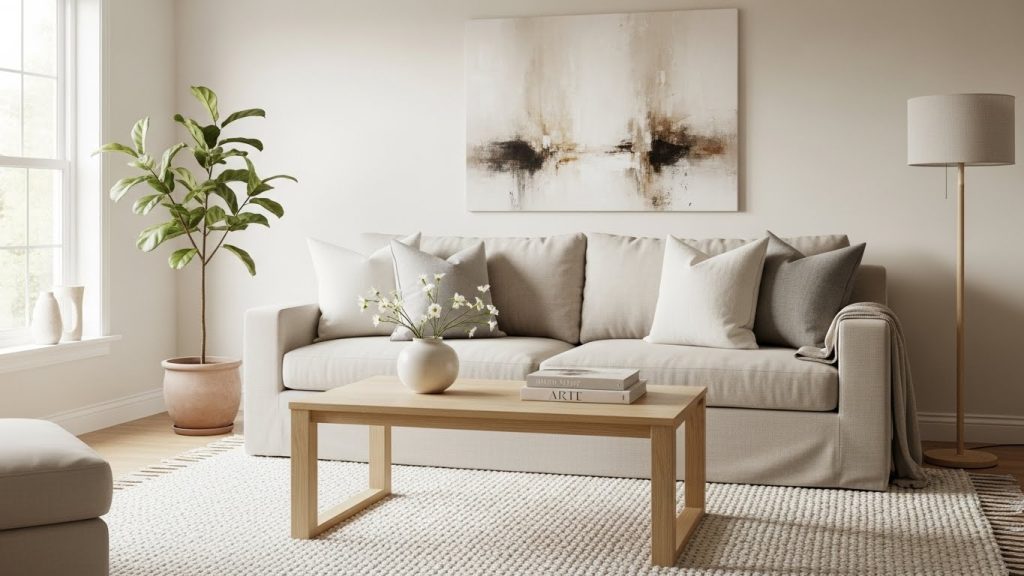 minimalist living room with soft natural light.