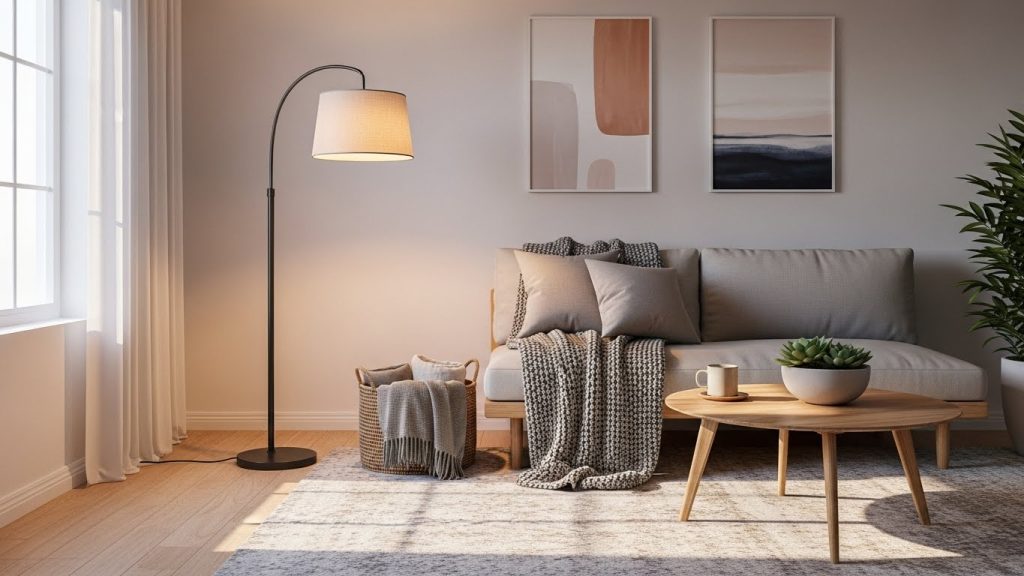 warm floor lamp in minimalist room.