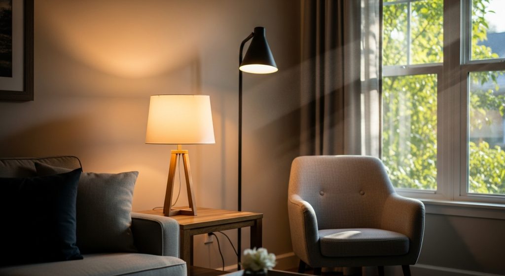Living room showing layered warm lighting elements.