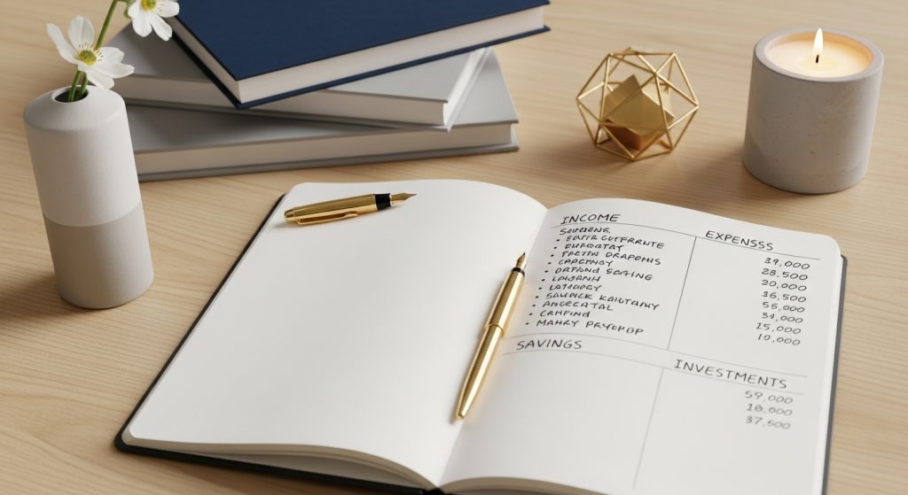 Budget breakdown notebook with home décor items.