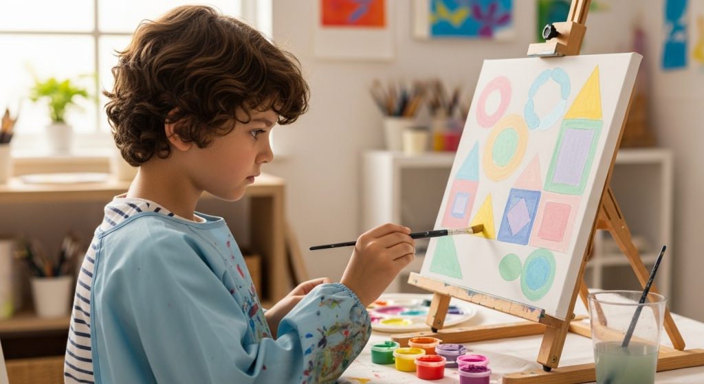 A child painting geometric shapes on a canvas using soft, aesthetic colors.