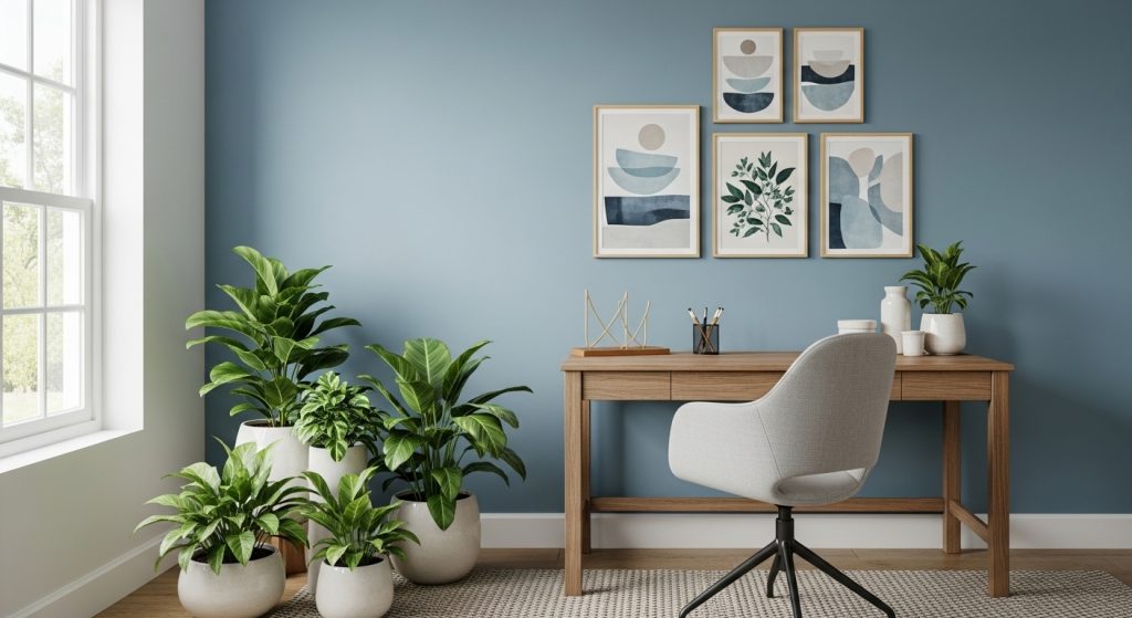 A home office with plants, wall art, and a stylish pen holder, featuring a calming color scheme of soft blues, neutrals, and a touch of green from the plants.