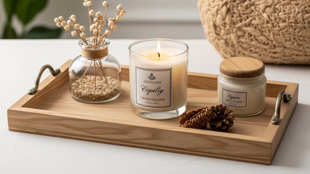 minimalist candle on tray.