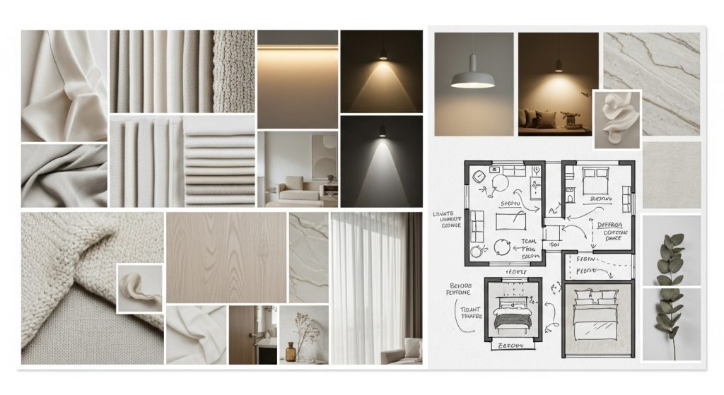 Living room design mood board with color palette and layout ideas.