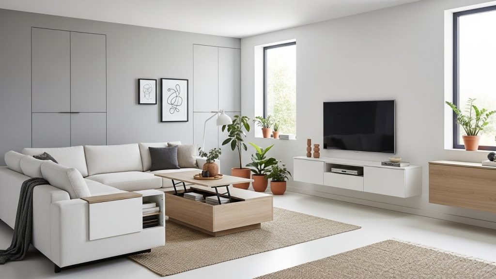 minimalist room with hidden storage.