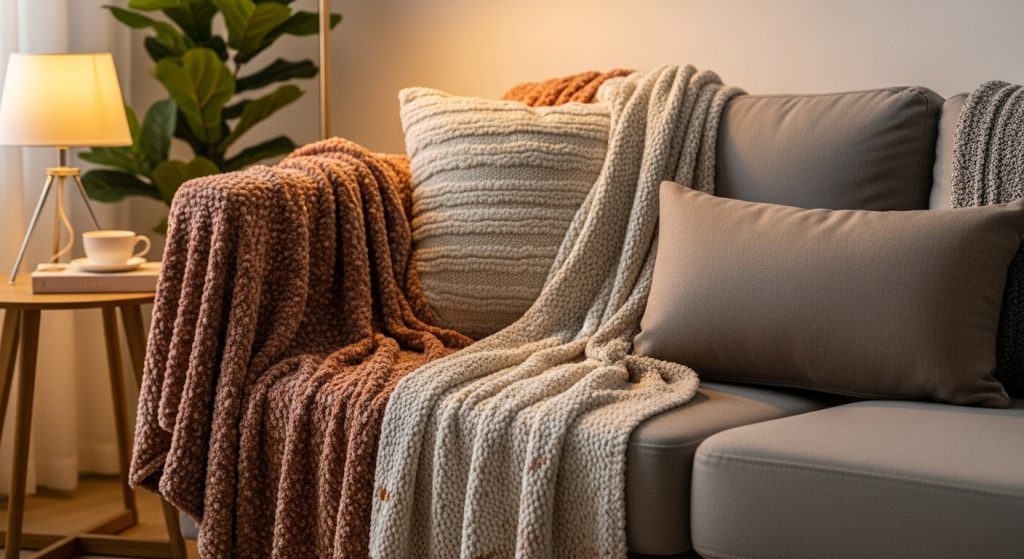 Soft throw blanket draped over a modern sofa for a cozy décor look.