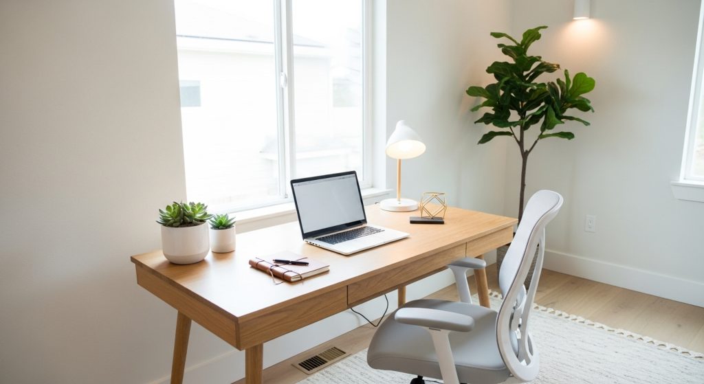 A cozy, modern home office with minimalistic furniture, plants, and a desk featuring a laptop, notebook, and decor.