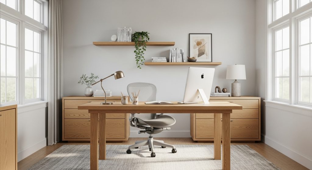 A cozy home office with a minimalist wooden desk, ergonomic chair, and floating shelves for storage, featuring clean lines and a neutral color palette.