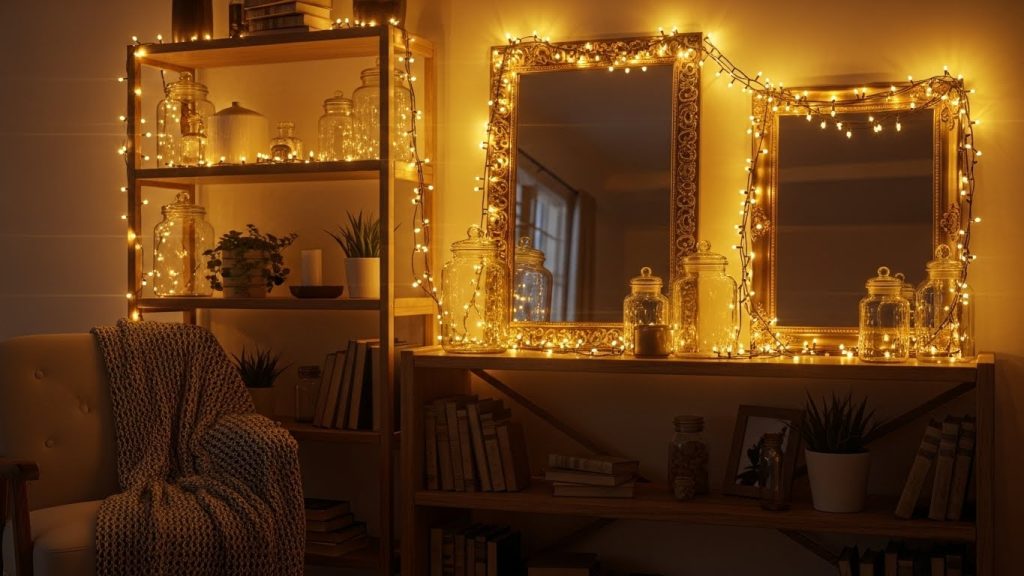 Warm fairy lights decorating a cozy room.