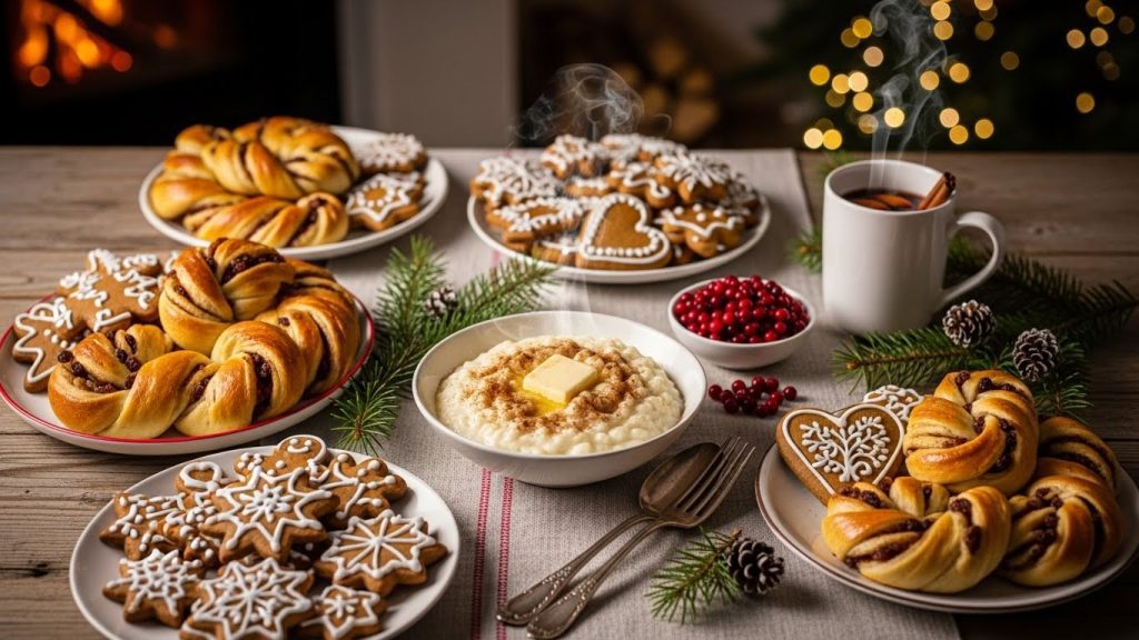 Scandinavian Christmas treats like ginger cookies and spiced buns on a wooden table.