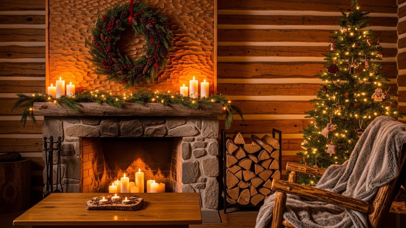 Cozy rustic cabin decorated with greenery and candles.
