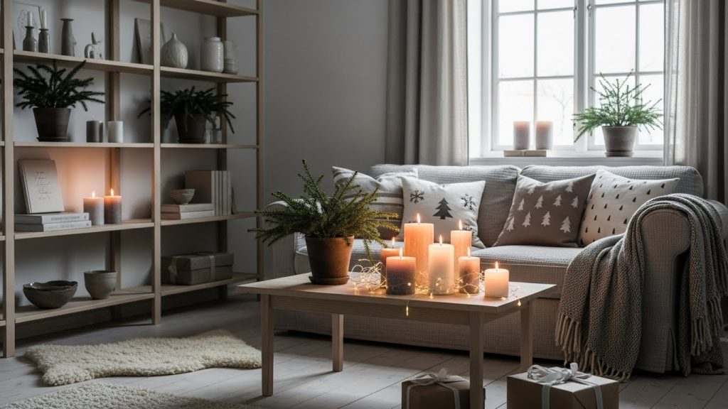 Peaceful holiday room decorated with Scandinavian natural elements and candles.