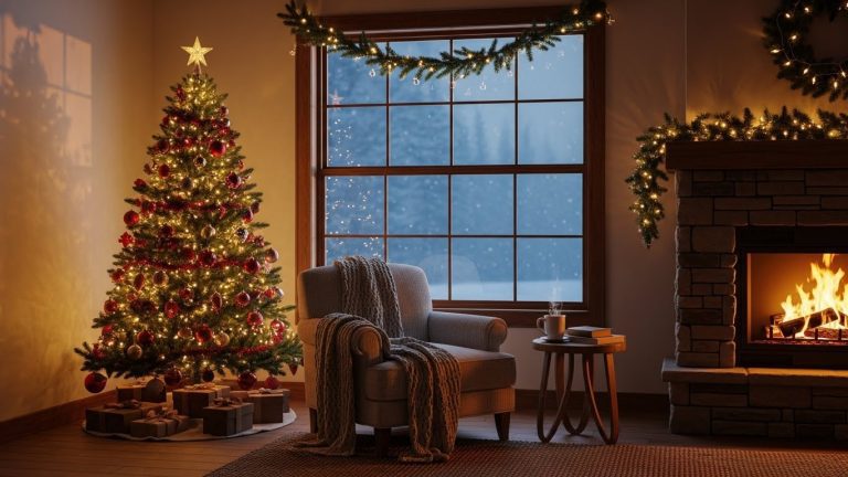Christmas tree decorated in a cozy corner beside a window.