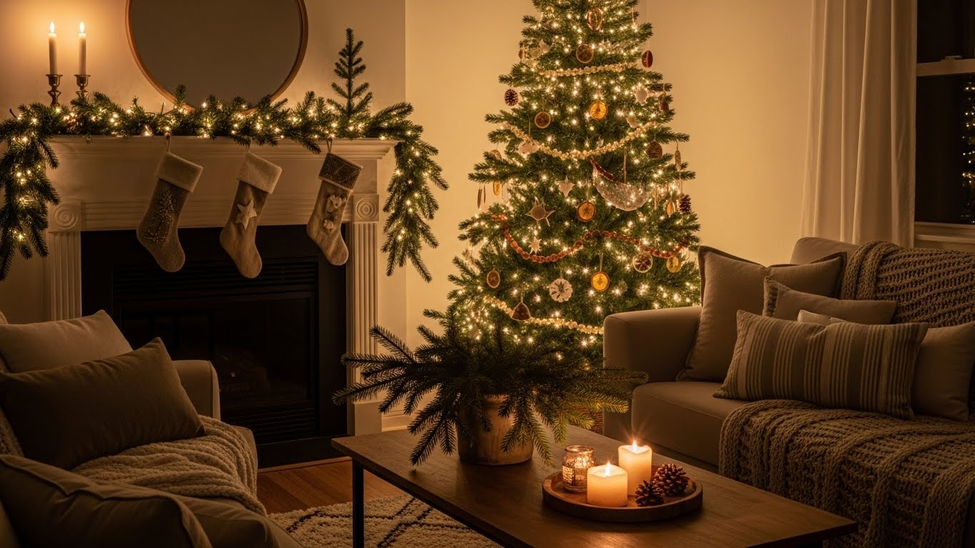 Cozy living room with simple Christmas decorations.