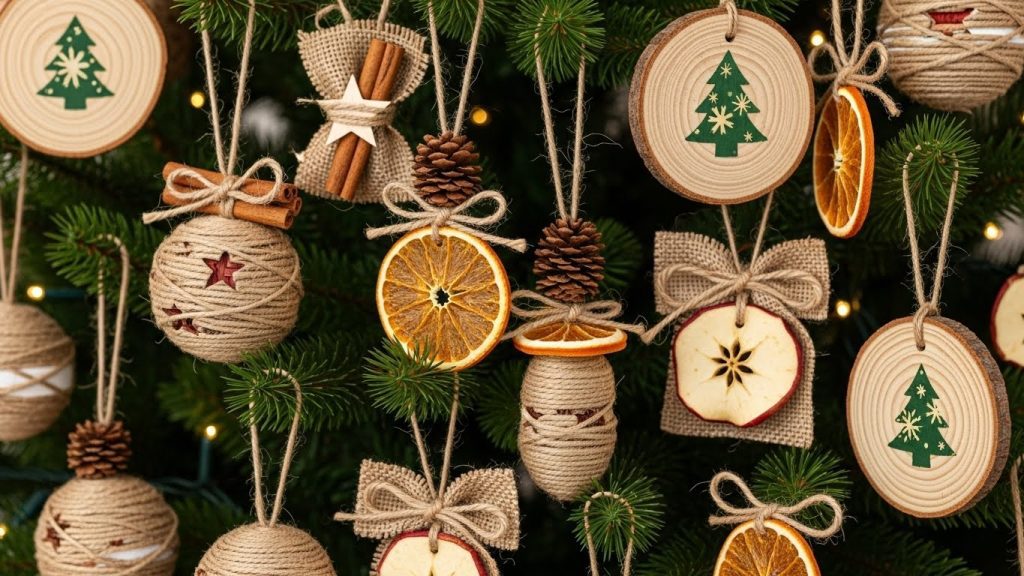 Rustic handmade ornaments made from wood, twine, and dried fruit.