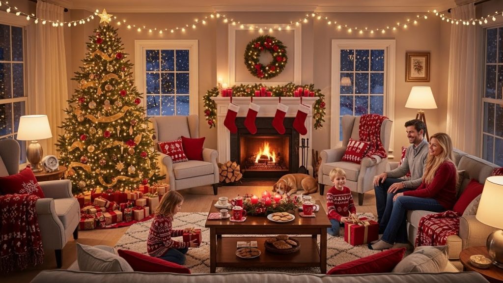 Wide shot of a family-friendly, warm, and inviting Christmas living room.
