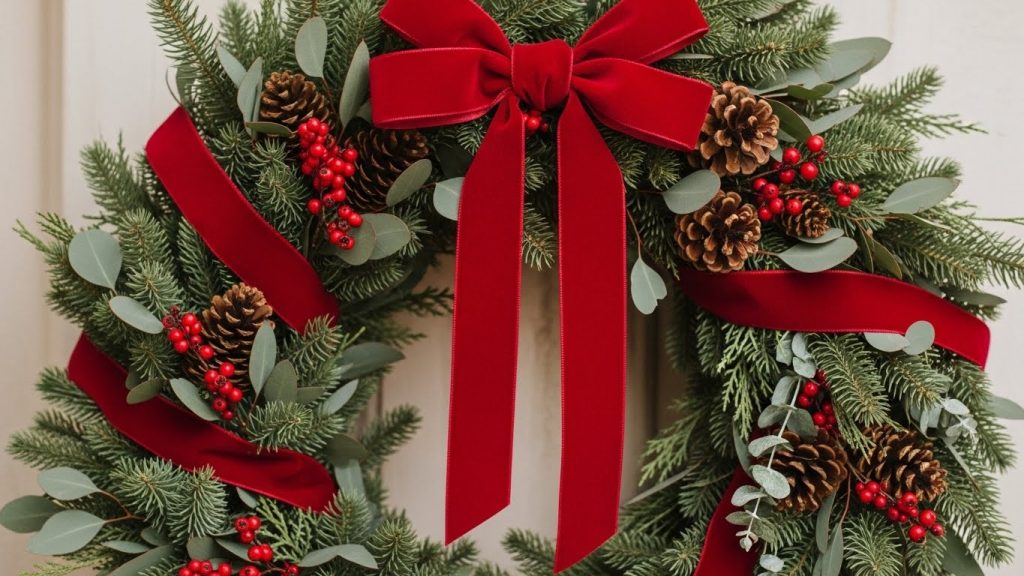 Christmas wreath ideas with pine, eucalyptus, and berries.